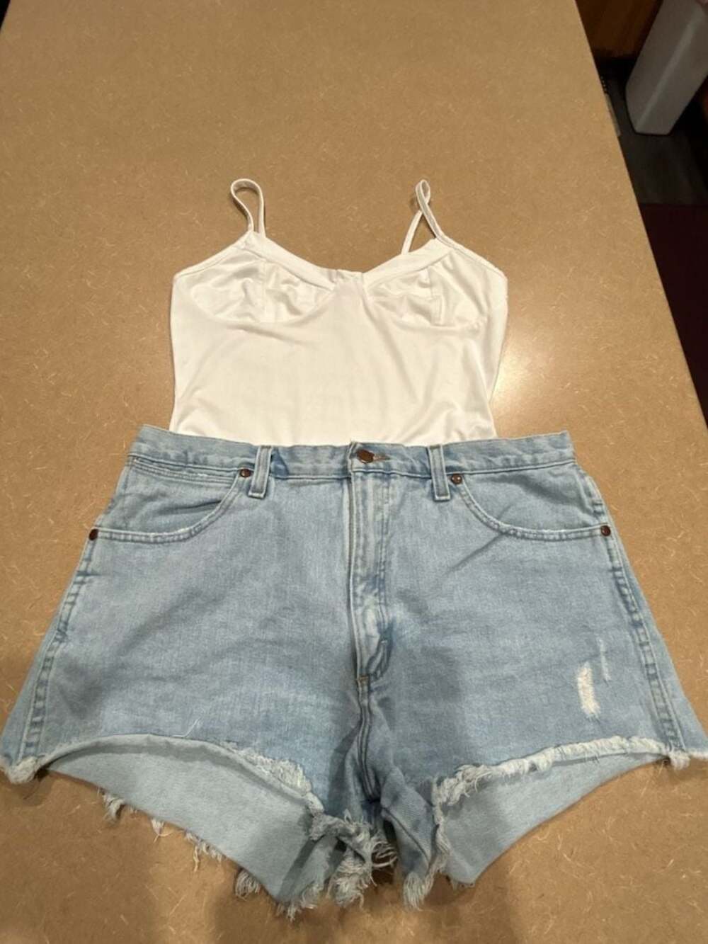 Wrangler Women's 13MWZ High-Rise Denim Cut-Off Shorts with bodysuit